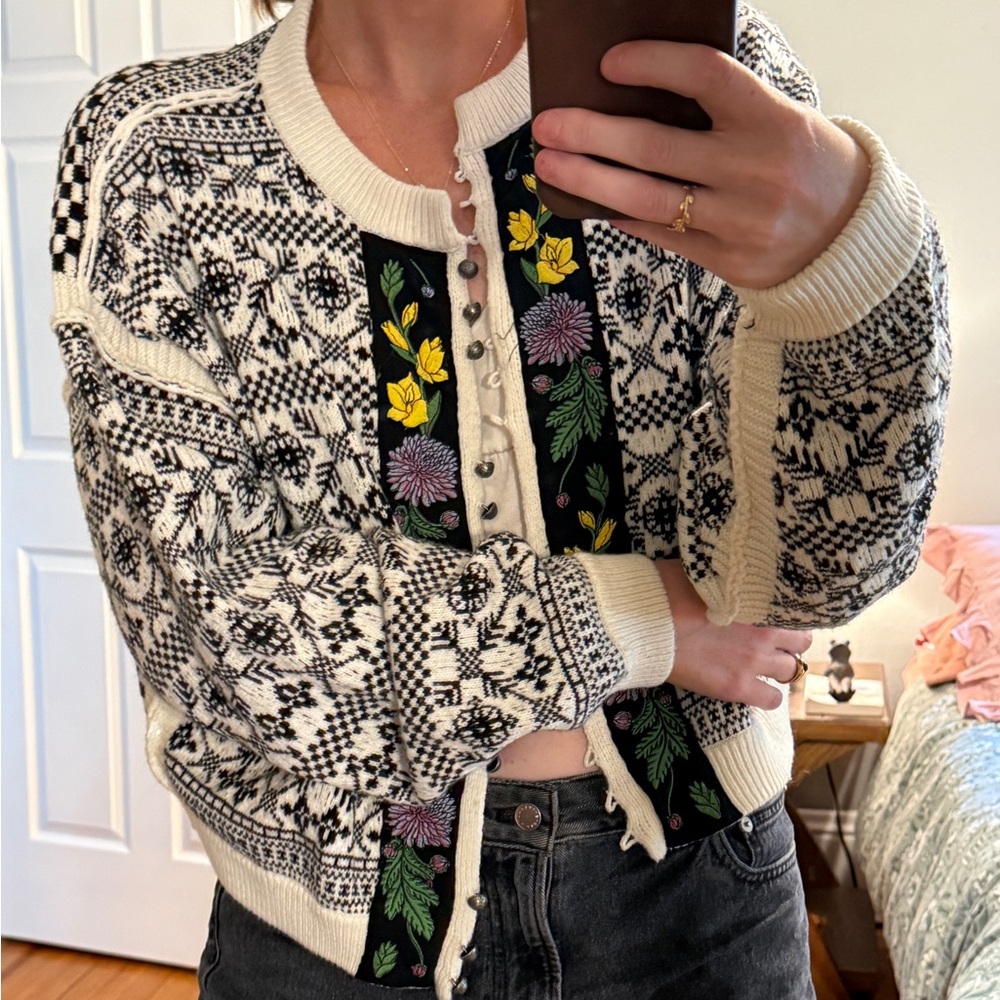 We The Free Cream and Black Floral Nordic Cardigan NWOT